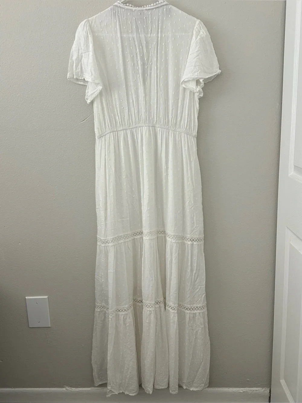 Knox Rose White Tiered Maxi Dress Women’s L Swiss Dot Lace Boho Romantic Beach